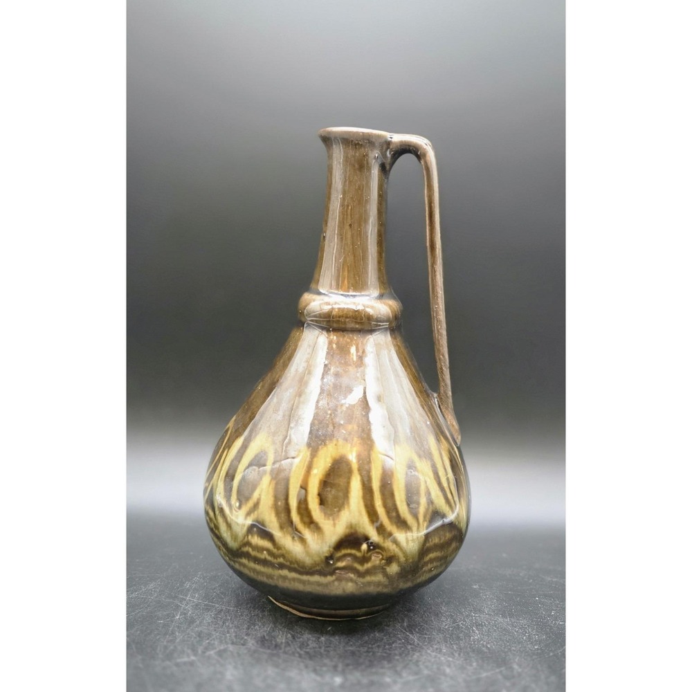 Vintage Polish Pottery Brown Green Drip Pitcher Ewer 9" Poland‎